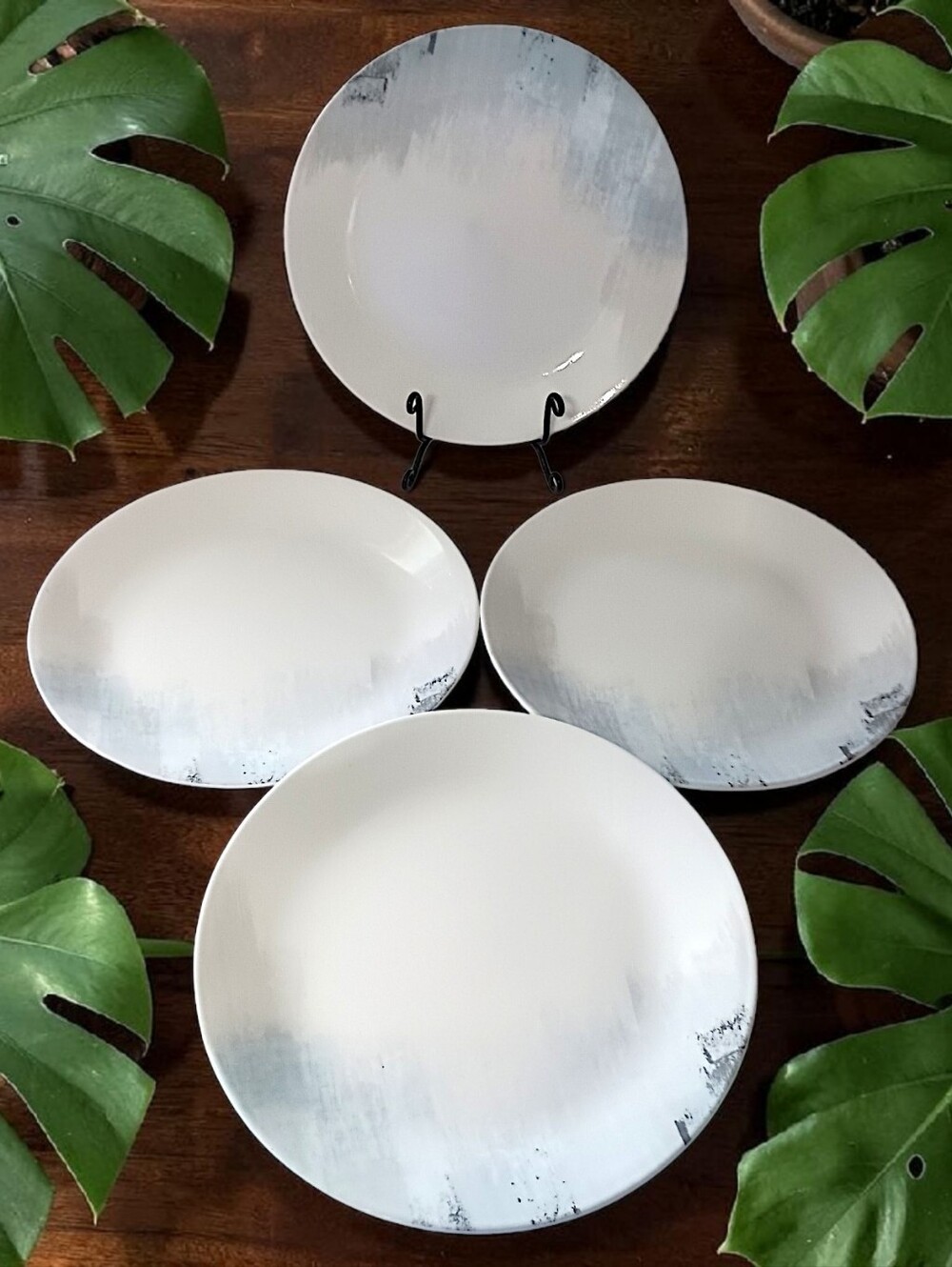 4 Corelle Tranquil Reflection Dinner Plates Set Pastel Blue Gray Brush Strokes